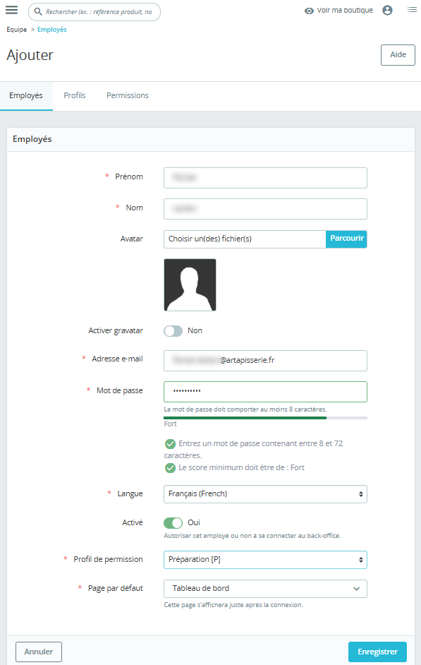 Création de l’employé dans le backoffice