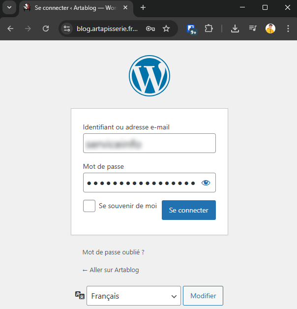 Page de connexion admin blog artapisserie