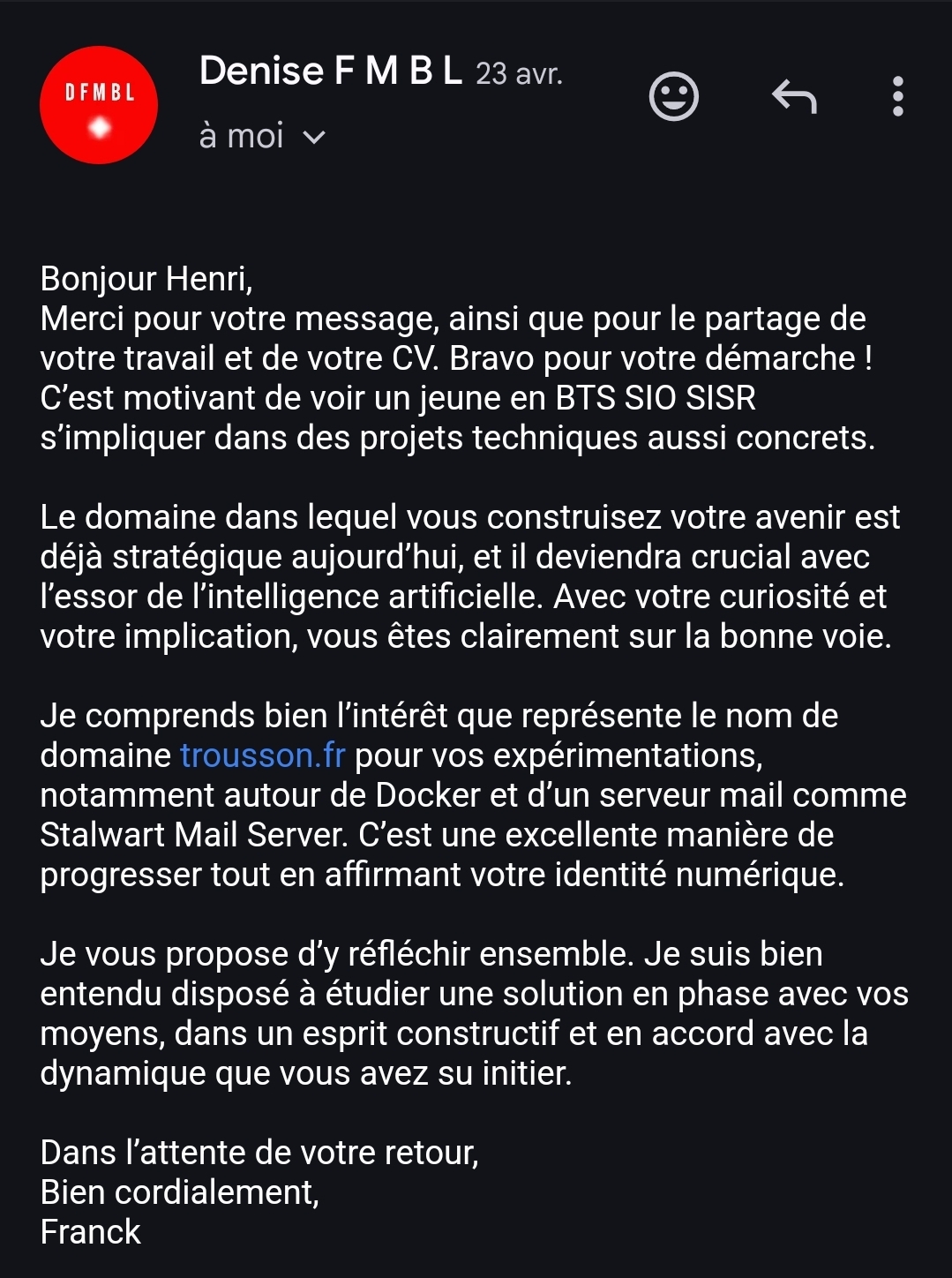 Mail de négociation du nom de domaine trousson.fr
