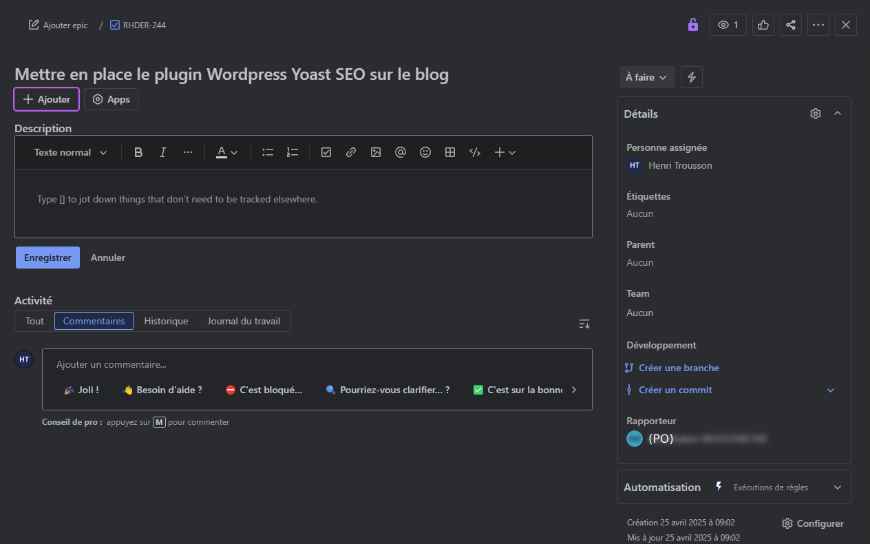 Ticket mise en place plugin Yoast SEO