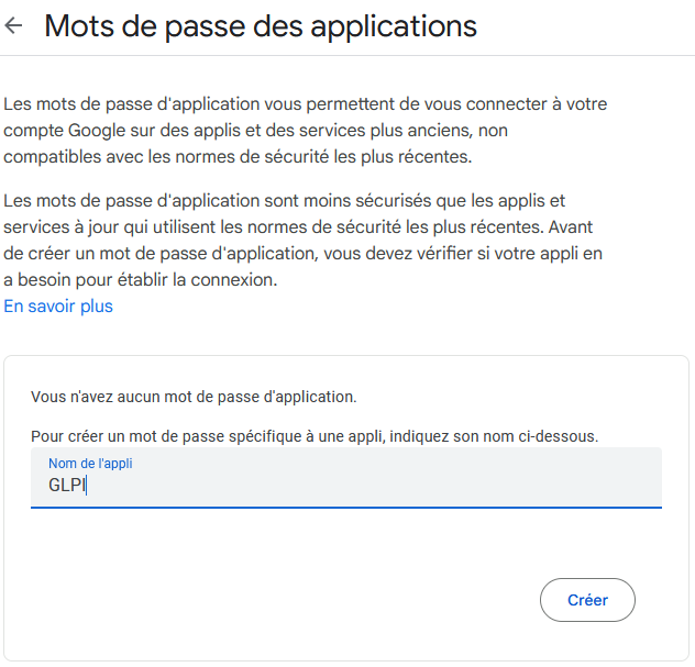 Page de la création de Mots de passe des applications