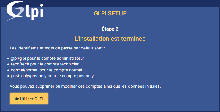 Fin de l’installation de GLPI