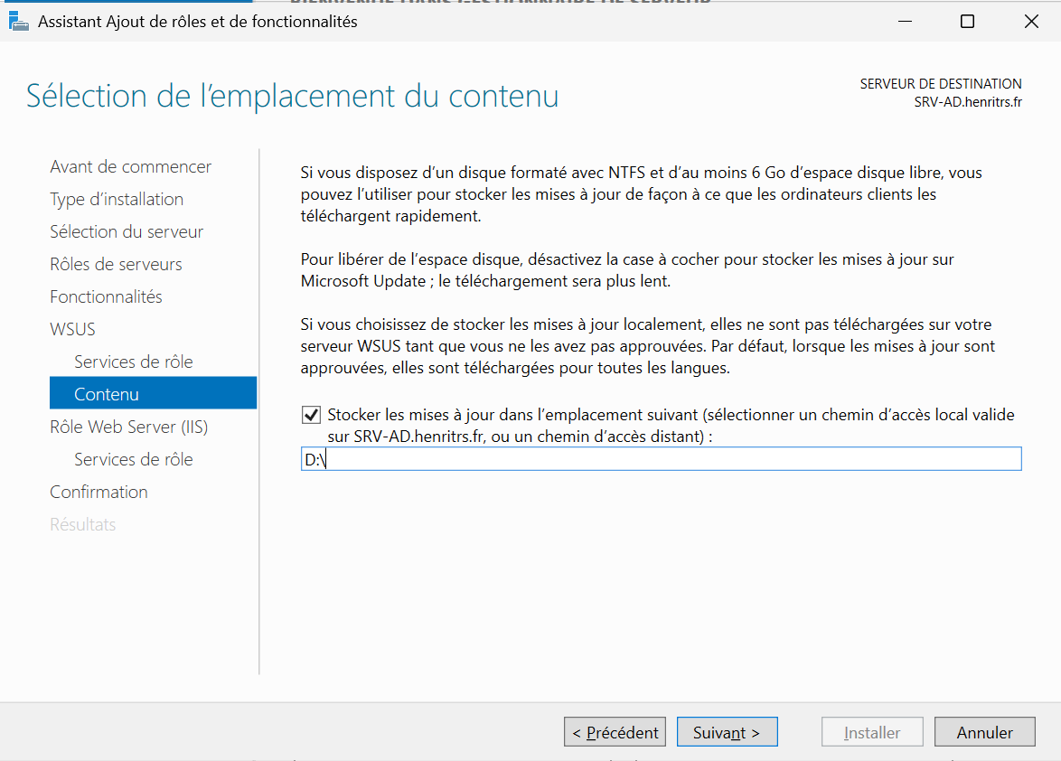 Choisir l’emplacement pour stocker les mises à jours WSUS