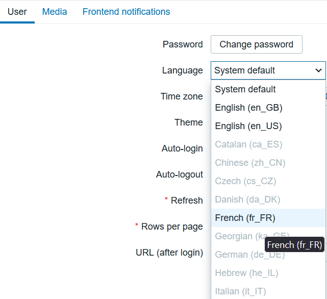 Changement langue interface web