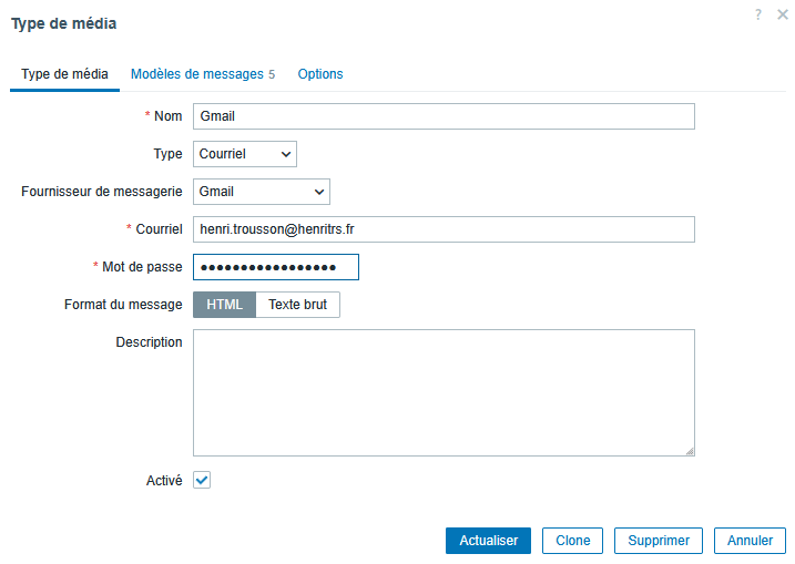Menu configuration connexion Gmail