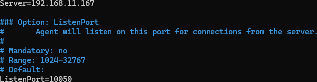 IP et port du serveur Zabbix à décommenter et modifier